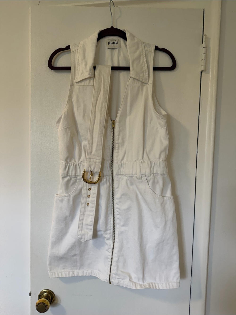 Show Me Your MuMu White Sleeveless Zip Front Mini Dress with Belt
